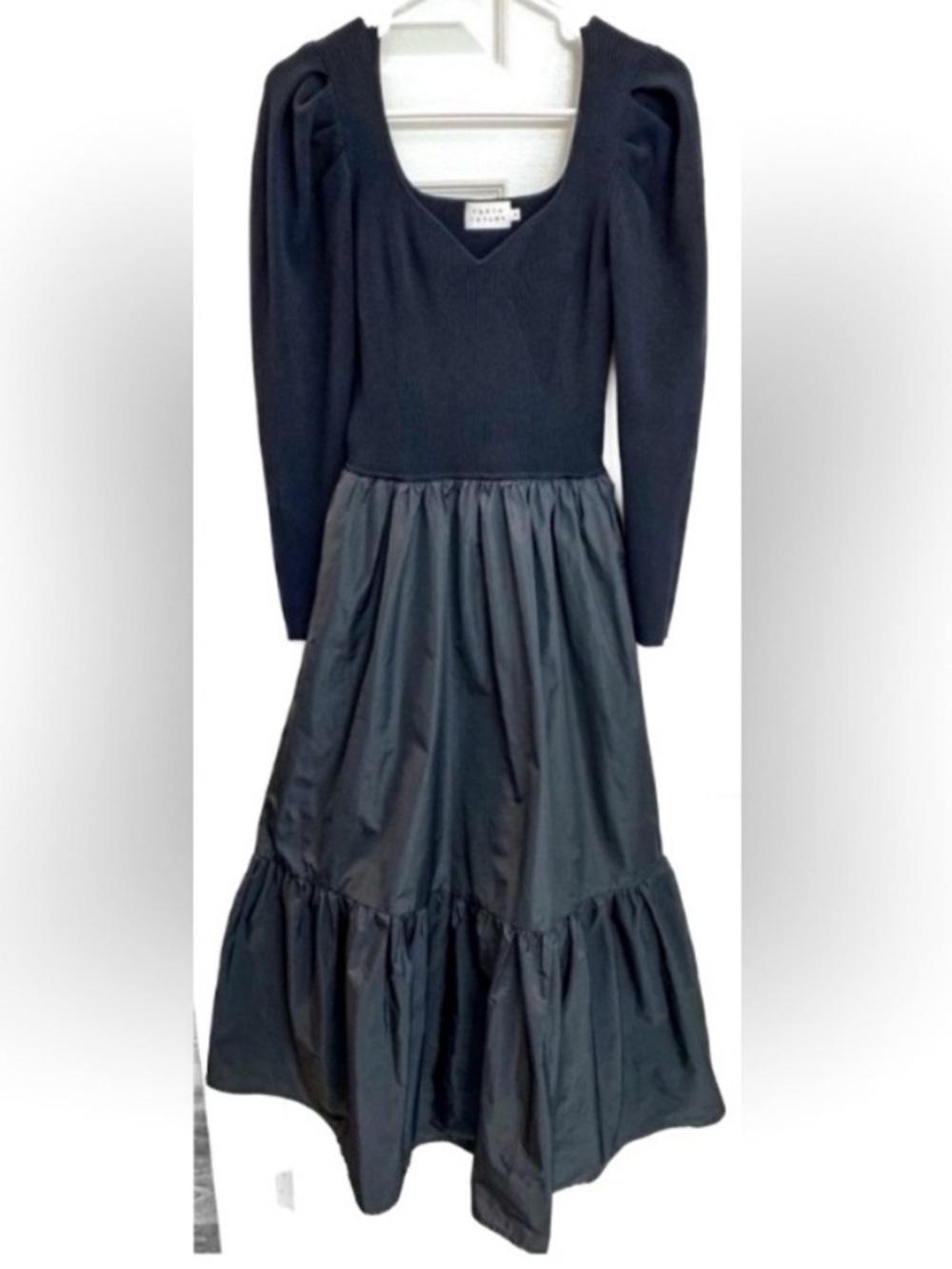 Tanya Taylor Black Puff Sleeve Midi Dress w/ Sweater Top & Taffeta Skirt